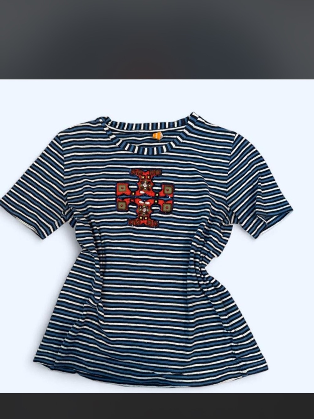 Tory Burch Navy and White Striped Short-Sleeve Tee with Embroidered Logo